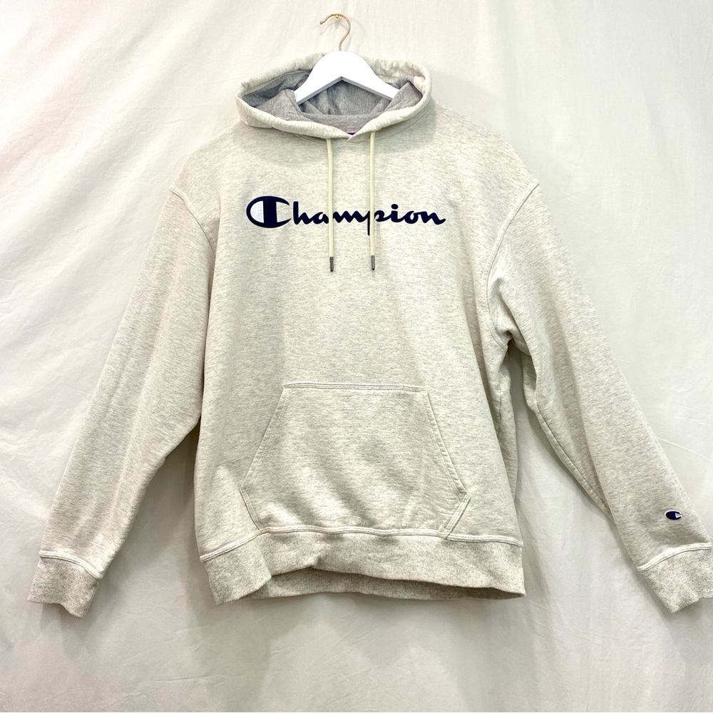 Champion Heather Gray Classic Screenprint Logo Pullover Hoodie Front Pocket XL